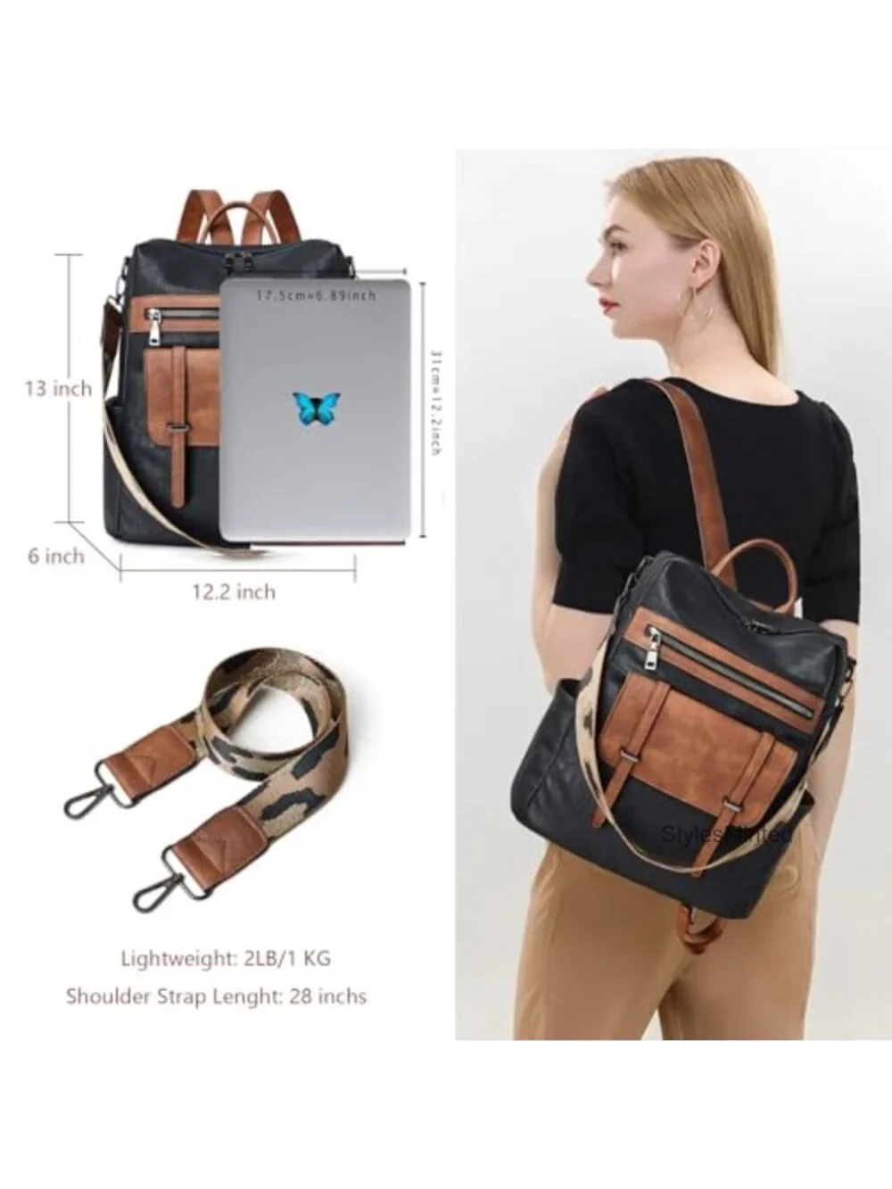PU Leather Laptop Backpack for Women Anti-Theft Daypack with Wristlet